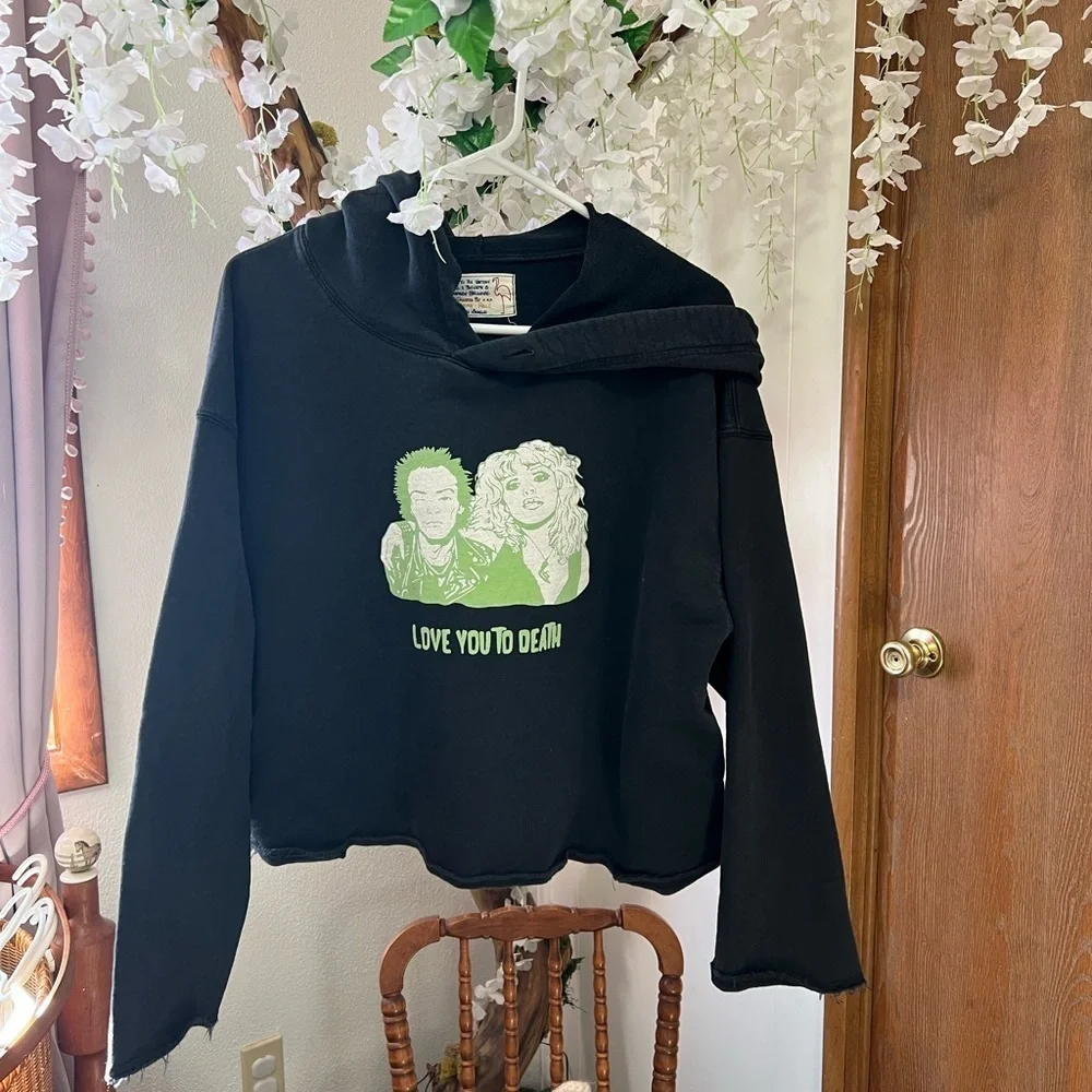 Sandrine Rose X Free PeopleBlack Crop Hoodie with Relaxed Fit and Graphic Design